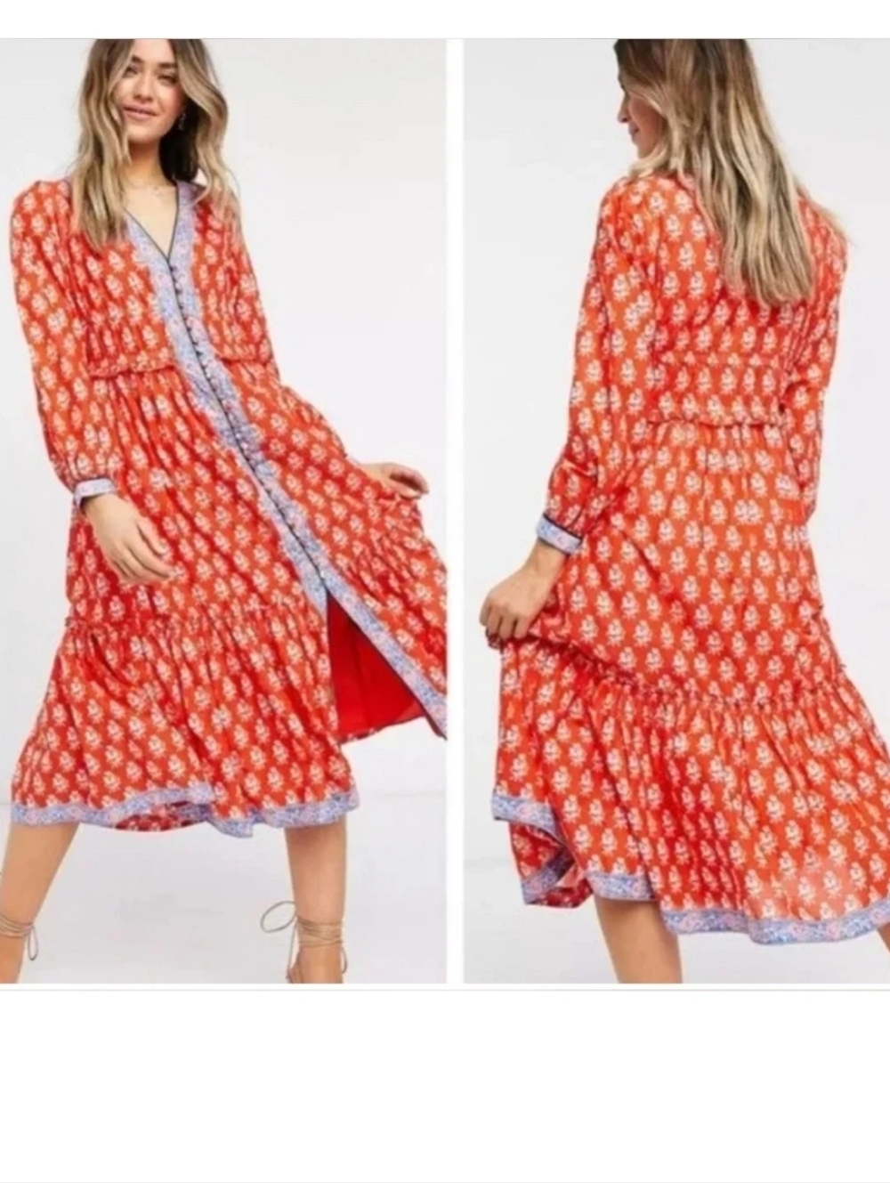 J. Crew Red Printed Button Front Midi Dress with Blue Trim size 6 NWT